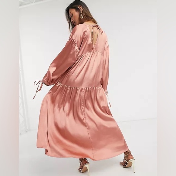 ASOS DESIGN satin tiered trapeze midi smock dress in dusky pink
 Size 4 NWOT. - Picture 6 of 11